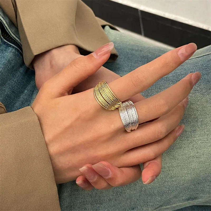 Multi Layered Lines Ring for Women Opening Adjustable Light Luxury Rings Personality Metal Jewelry Temperament Accessories Gifts