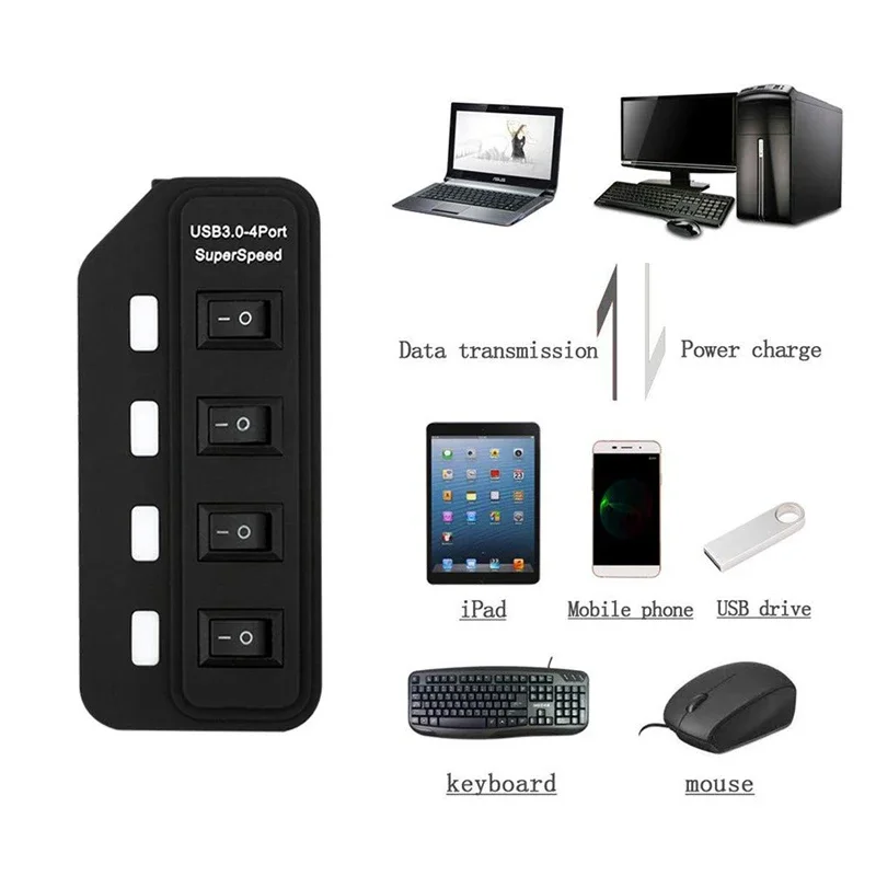 USB 3.0 Hub 4-Port Splitter with Individual Switches and Power Adapter High-Speed Data Transfer and Charging Station for Laptop