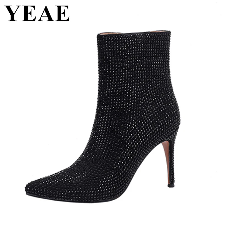

Rhinestone Pointed Toe High Heel Ankle Boots Women Luxury Crystal Wedding Party Shoes Woman Side Zipper Boots Woman Large Size