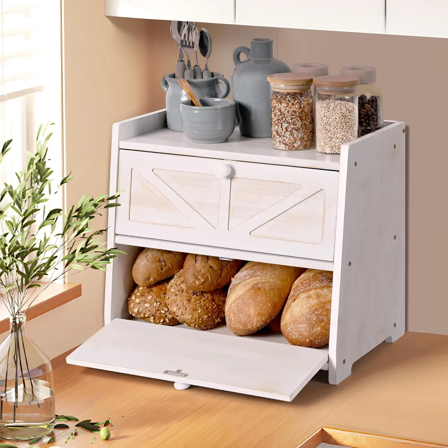 Vintage Double Layer Bamboo Bread Box, Large Capacity Kitchen Storage Container for Homemade Bread (White)