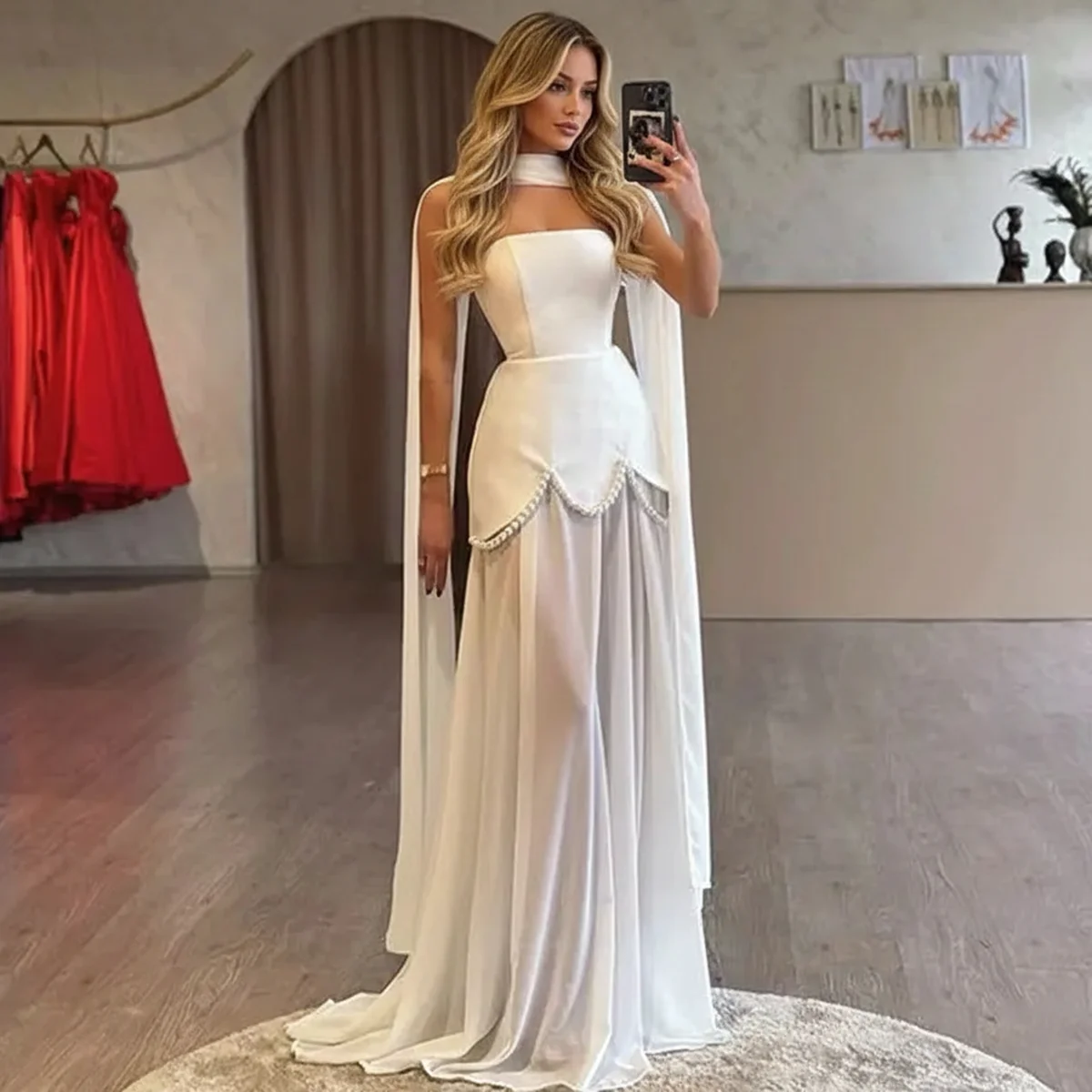 Solid Tie-Accent Floral Hem Evening Gown Strapless Paneled Pearl Chain 2026 Party Elegant Women Maxi Dress Wedding Chic Vestidos