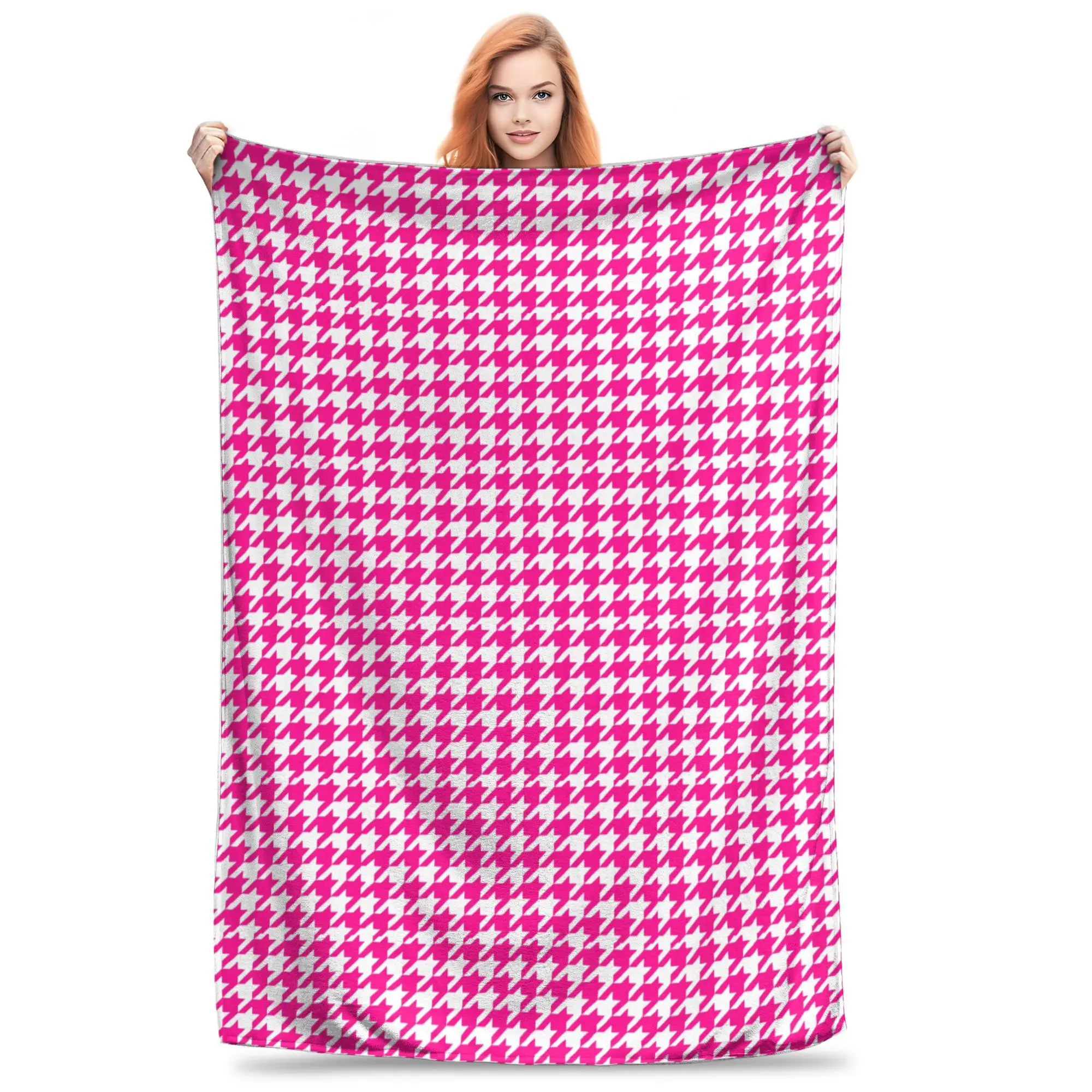 Flannel Throw Blanket Hot Pink White Houndstooth Warm Plush Blankets Soft Bedspread for Bed Living room Home Travel Couch
