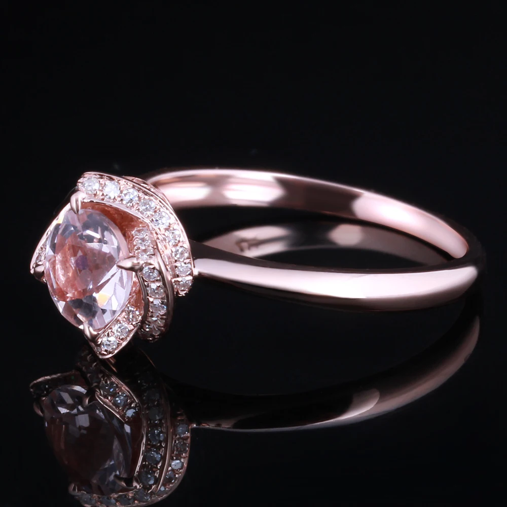 HELON Solid 9k 14k Rose Gold Ring Flawless Round 6.5mm Genuine Morganite Diamonds Engagement Ring Women Flower Gemstone Jewelry