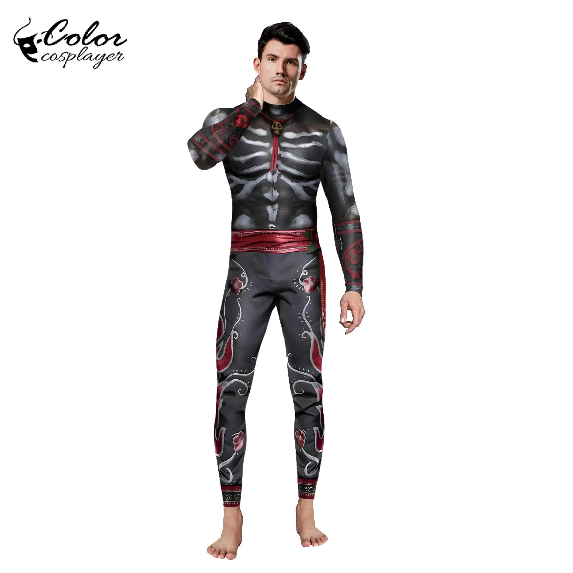 Color Cosplayer Halloween Full Body Jumpsuit Men Cosplay Costume Long Sleeve Carnival Party Catsuit Day of The Dead Bodysuit