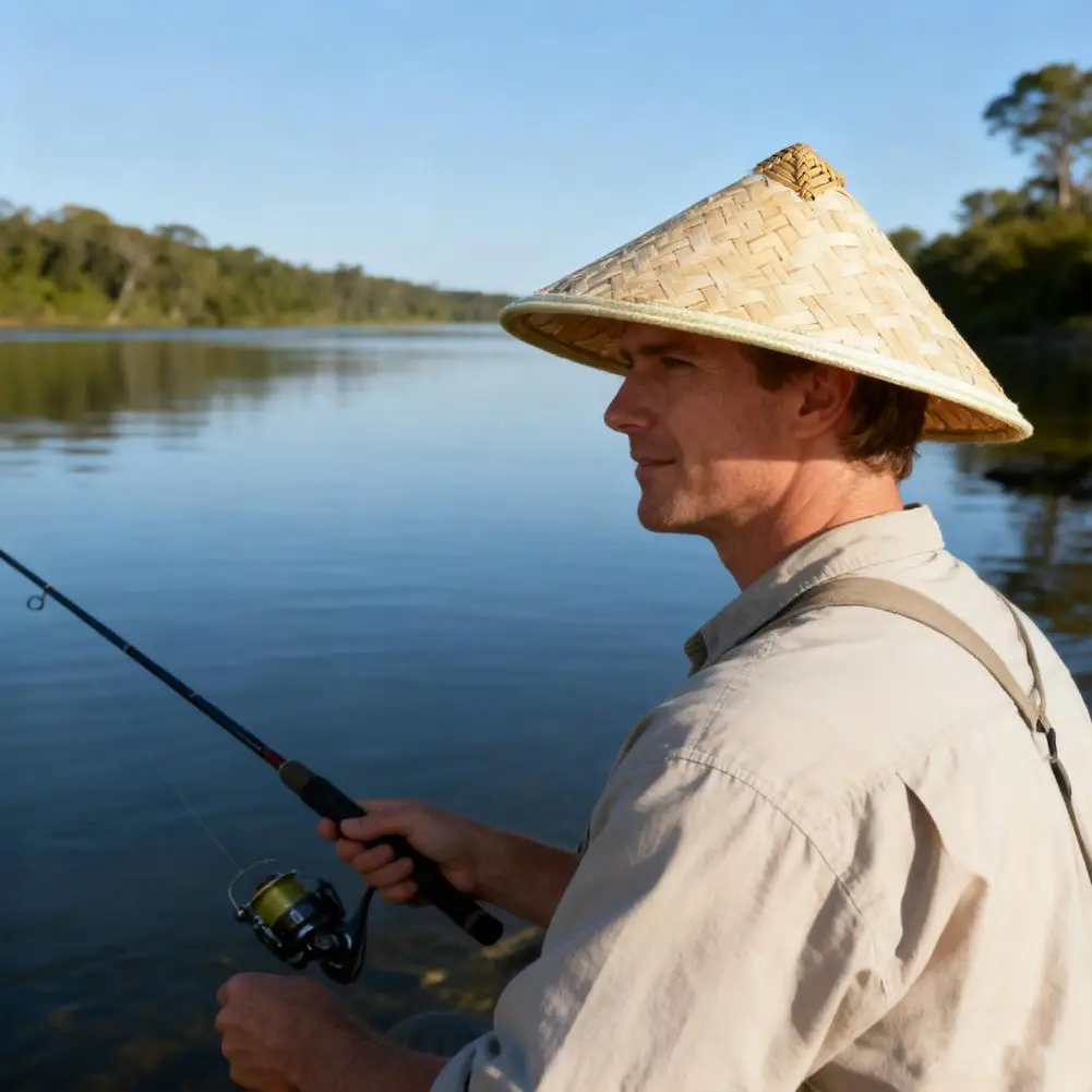中国風の帽子 竹帽子 竹わら帽子 調節可能な紐付き 通気性のあるメッシュ 広いつばのフィッシングキャップ