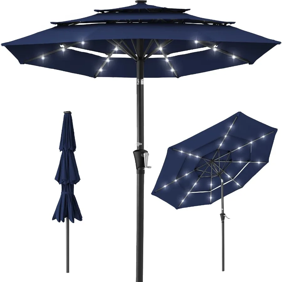 10Feet 3-Tier Solar Patio Umbrella, Outdoor Market Sun Shade for Backyard, Deck, Poolside w/ 24 LED Lights, Tilt Adjustment, Ea