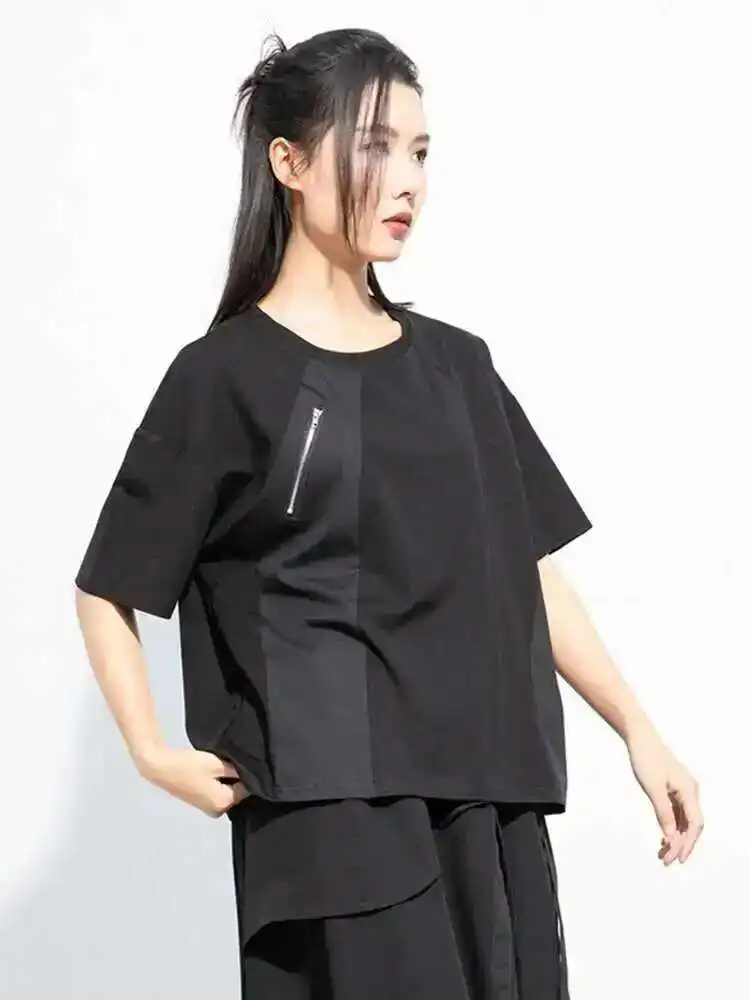 

[EAM] Women Black Green Color-block Big Size Zipper T-shirt New Round Neck Short Sleeve Fashion Tide Spring Summer 2025 1DH5062