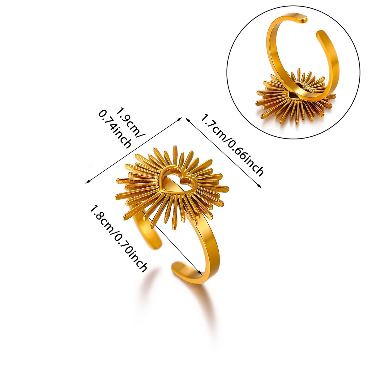 Stainless Steel Hollow Love Heart Rings For Women Exquisite Gold Color Sun Open Ring Punk Hip-Hop Accessory Bague Jewelry Gift