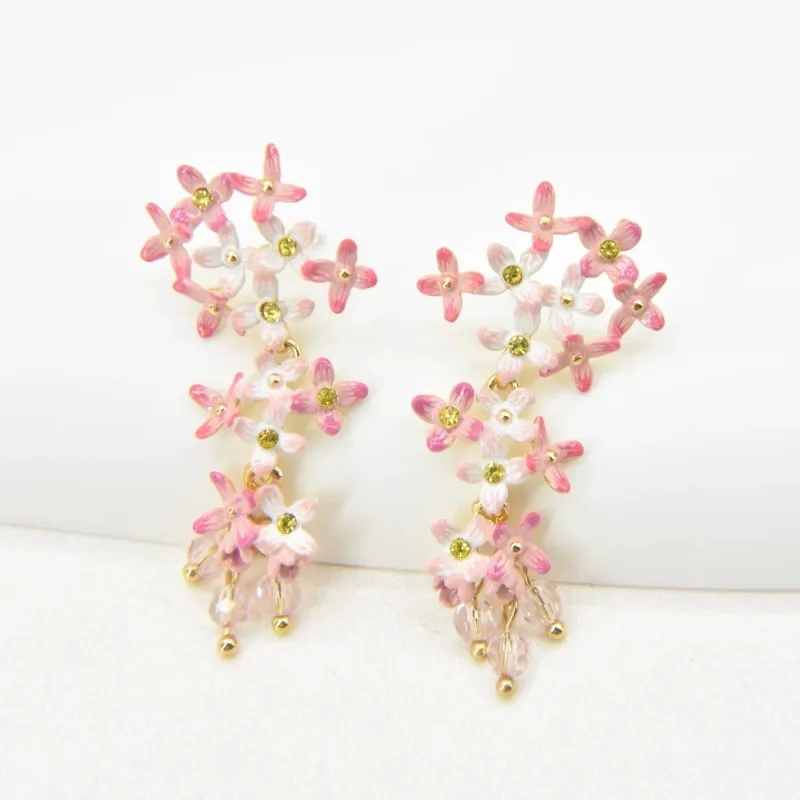 2025 Spring and Summer Blooming Flower Series Enamel Delicate Pink Lilac Flower Earrings Ear Clip Necklace Jewelry Set for Women