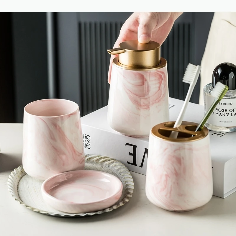 Ceramic Marble Pattern Bathroom 4-piece Set Set Toiletries Lotion Bottle Soap Bottle Mouthwash Soap Dish Wash Sets