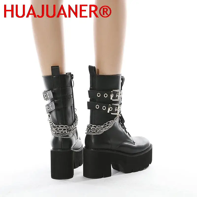 High Quality Leather Gothic Black Boots Women Heel Sexy Chain Chunky Heel Platform Boots Female Punk Style Ankle Boots Zipper