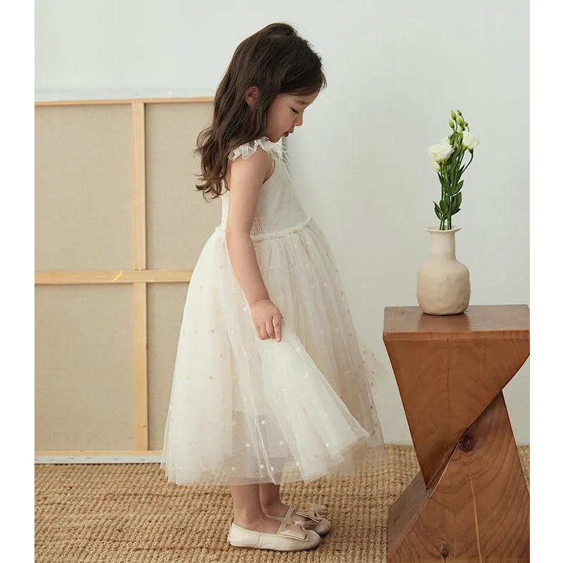 Baby Girl Dress Child Princess Summer Feathered Vest Slip Dress Baby Girls Birthday Dresses Mesh Dress Cute Fashion Long Skirt