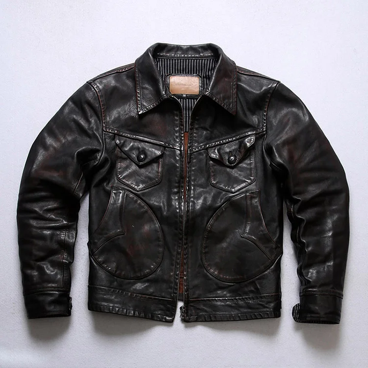 horsehide Original Free shipping.Brand jacket.men luxury vintage tea core leather coat.plus size natural leather clothes