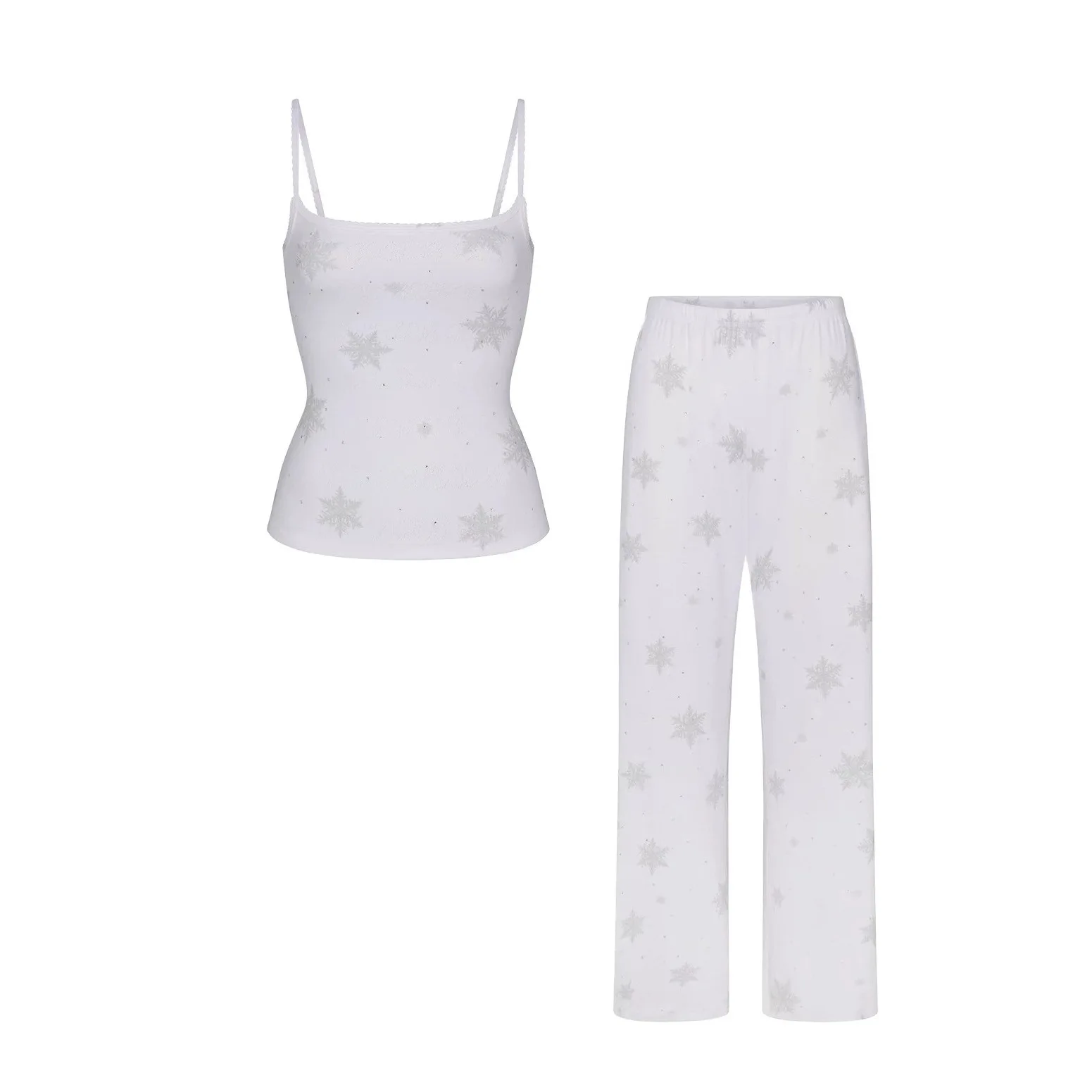 

Комплект из двух предметов: повседневный спортивный костюм с узором снежинок в стиле Кардашьян, топ на бретелях и широкие брюки, женский, лимитированная рождественская коллекция