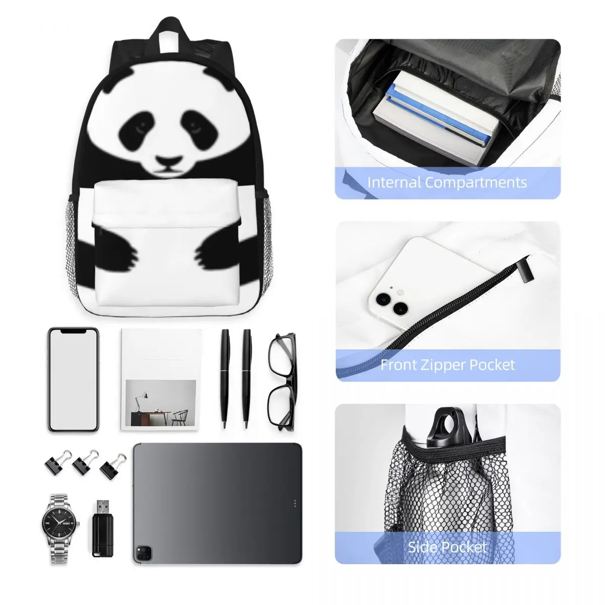 Cute Panda Padrão School Bag, mochila leve, Print Pattern, Novo, elegante, 15 Polegada