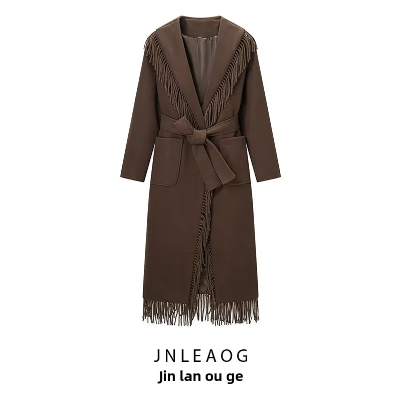 

JNLEAOG Autumn New Faionable Street Sle Women's Coat with Tassel Design Polyester Fiber Long Sve Mid-Length Outerwear