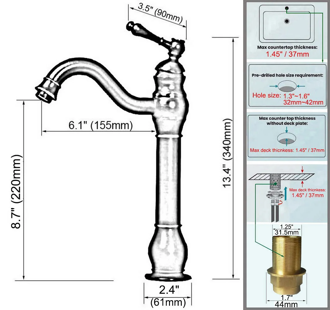 Deckmontierter Messing-Einhandgriff für Badezimmer, Küche, Waschbecken, drehbarer Auslauf, Einloch-Wasserhahn, heißer und kalter Mischbatterie mzh040