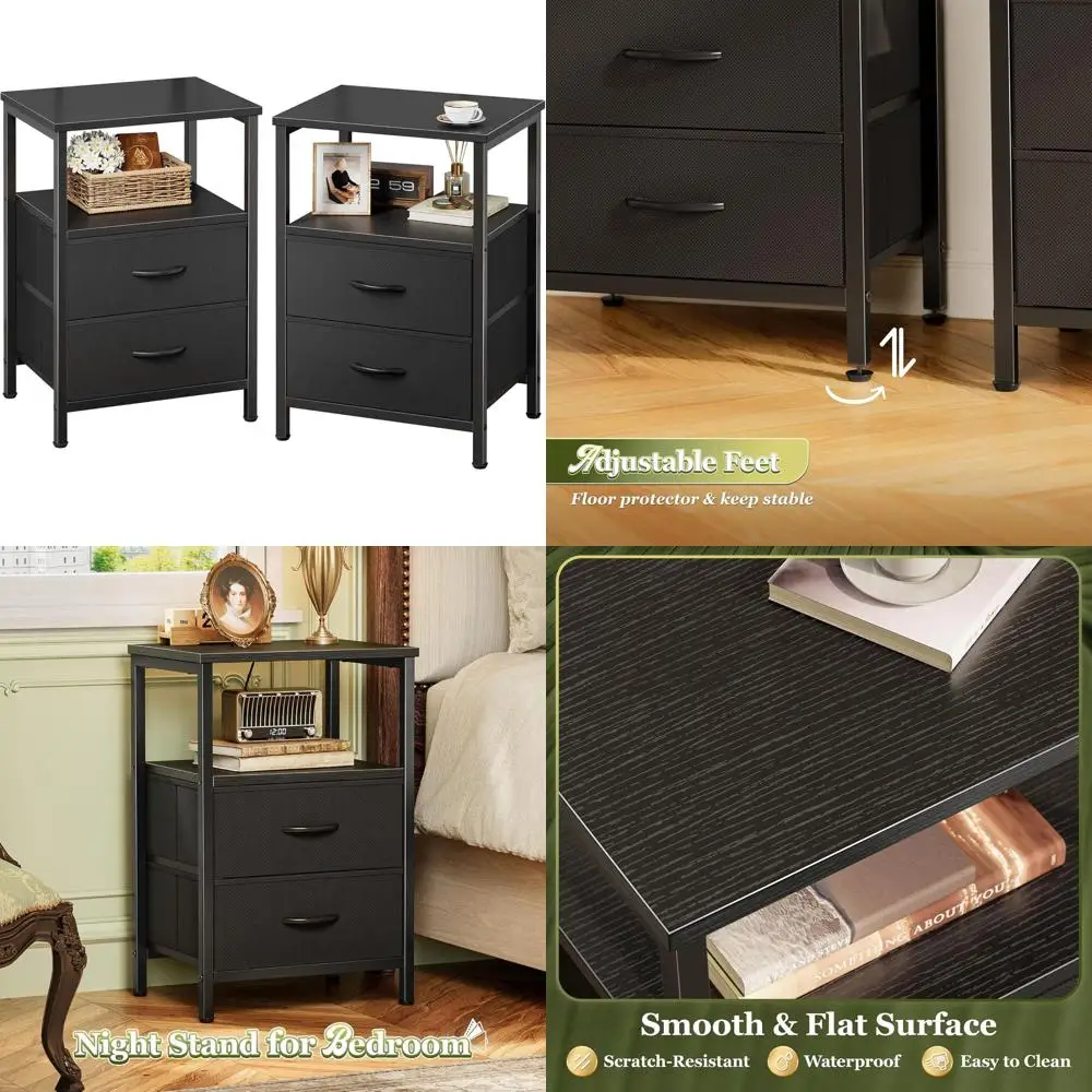 

Пара черных деревянных тумбочек с двумя ящиками и открытой полкой для спальни