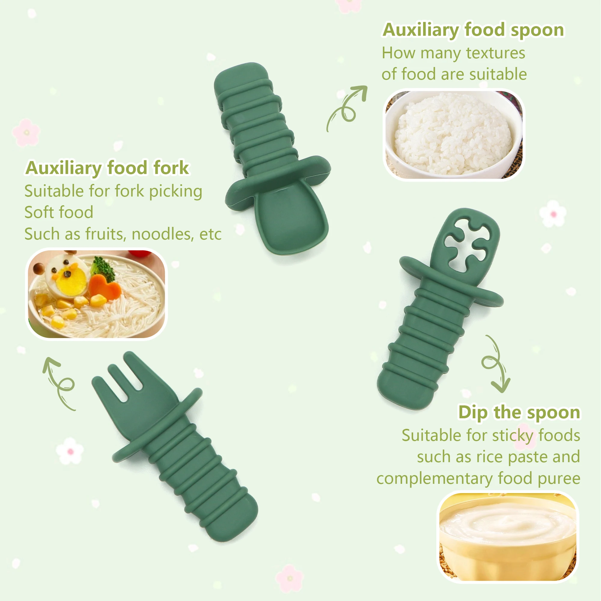 3-Piece Silicone Baby Spoon and Fork Feeding Set - Choking-Proof, Suitable for Babies 3 Months and Older to Self-Feed.
