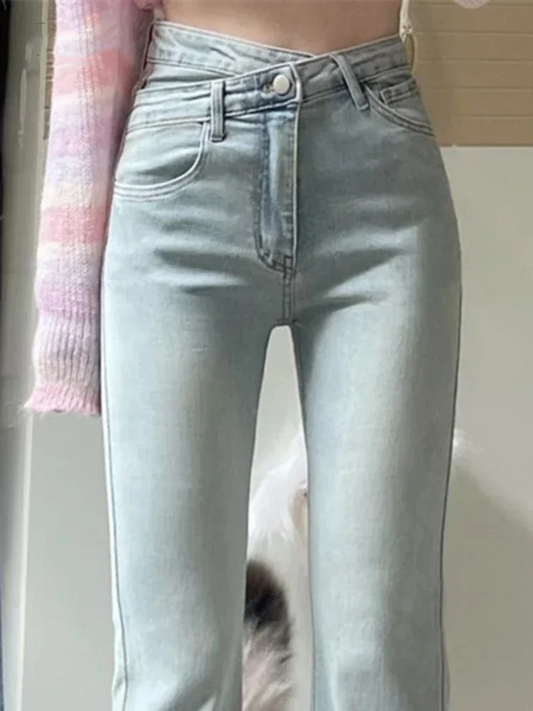 

Fashion Minimalist Irregular Light Blue Autumn Jeans Office Women High Waisted Slim Fit Buttocks Zippered Women's Flared Jeans