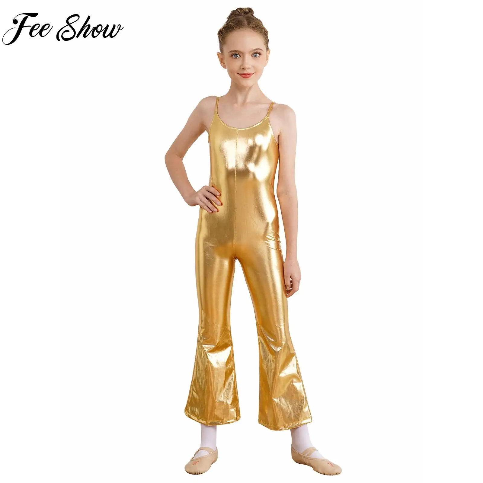 

Kids Girls Gold Sparkly Gymnastics Jumpsuit Sleeveless Bell-bottom Pants Bodysuit Jazz Dance Competiton Performance Costumes