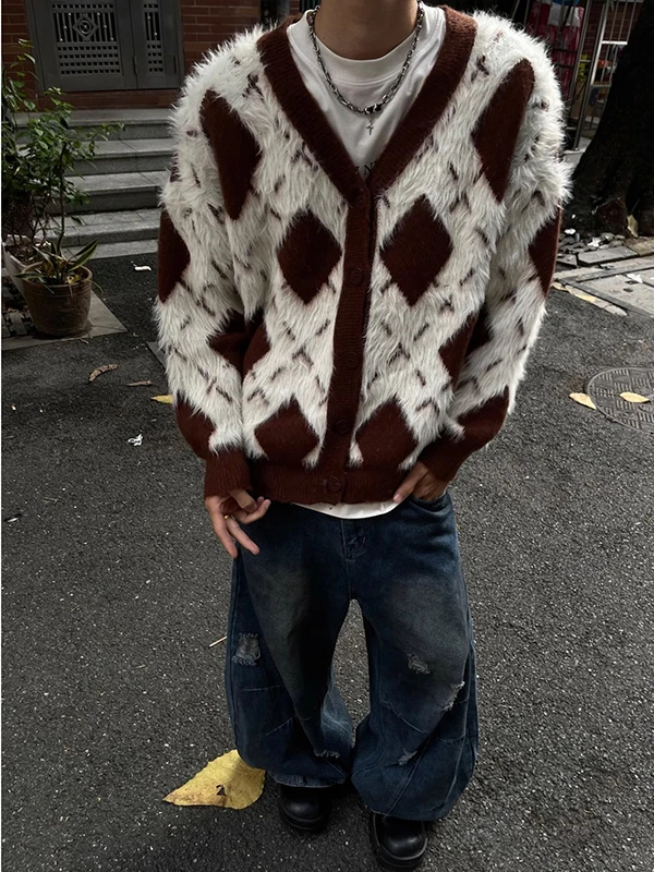 

Retro American Color Blo Diamond Open Cardigan Sweater Men Women Loose Casual College Sle V Ne Knitted irt