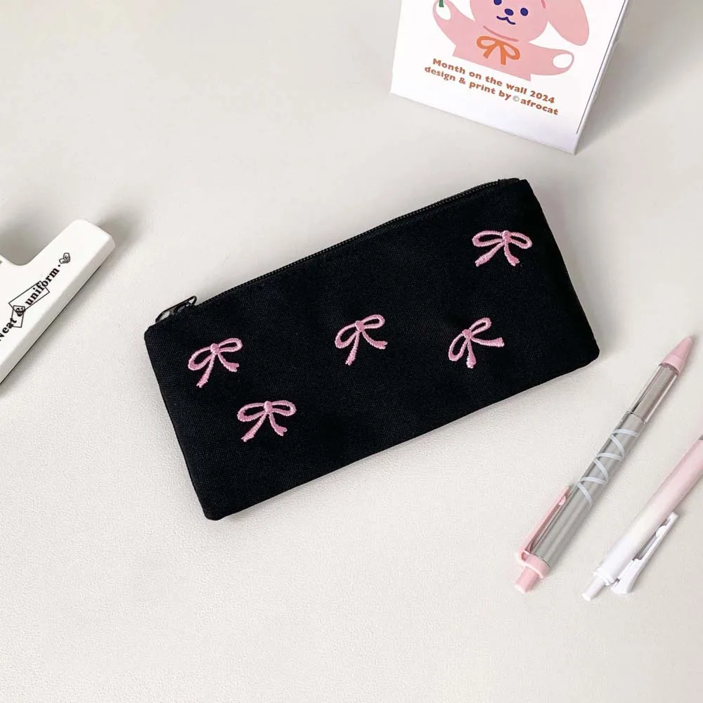 

Bowknot Bow Stationery Bag Desktop Storage Large Capacity Korean Style Pencil Case Ins Style Black Pink Bow Pencil Pouch