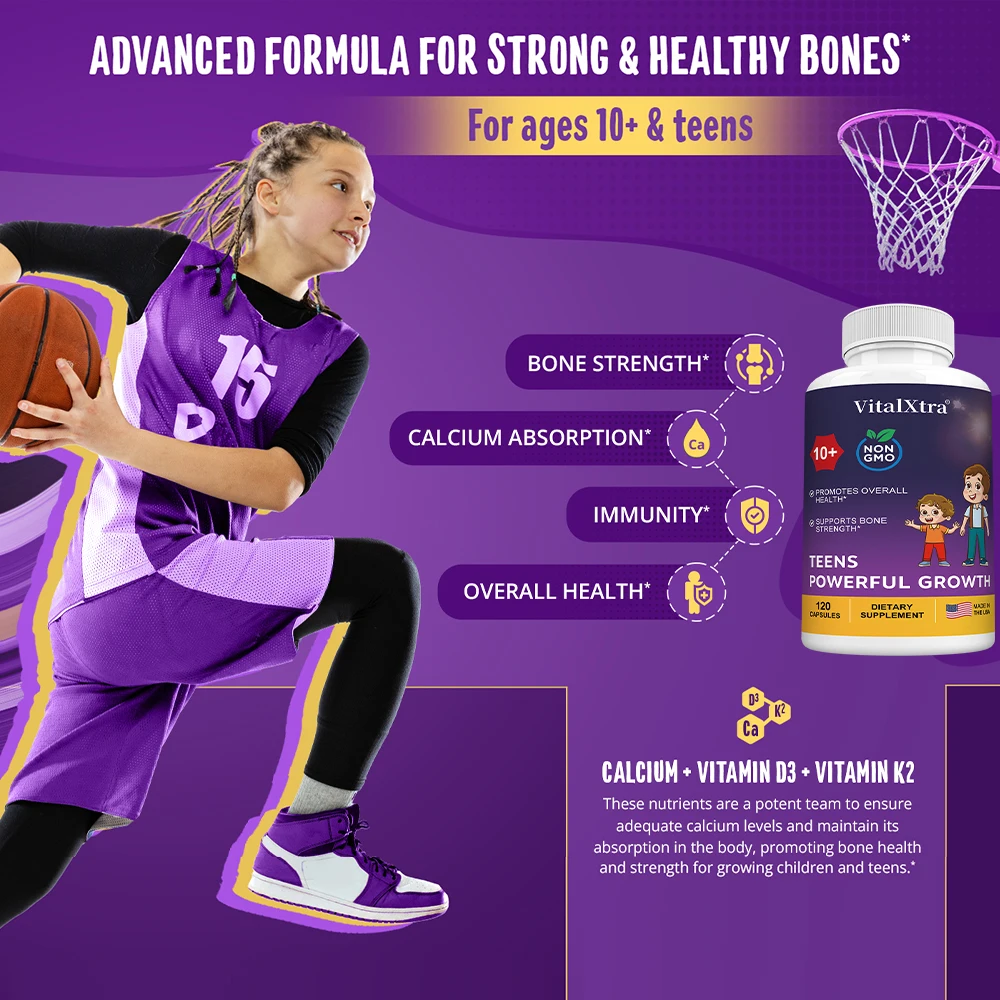 كبسولات مكملات النمو القوية للمراهقين، تحتوي على فيتامين د3 + ك2، كالسيوم، لتقوية العظام وتعزيز المناعة #5