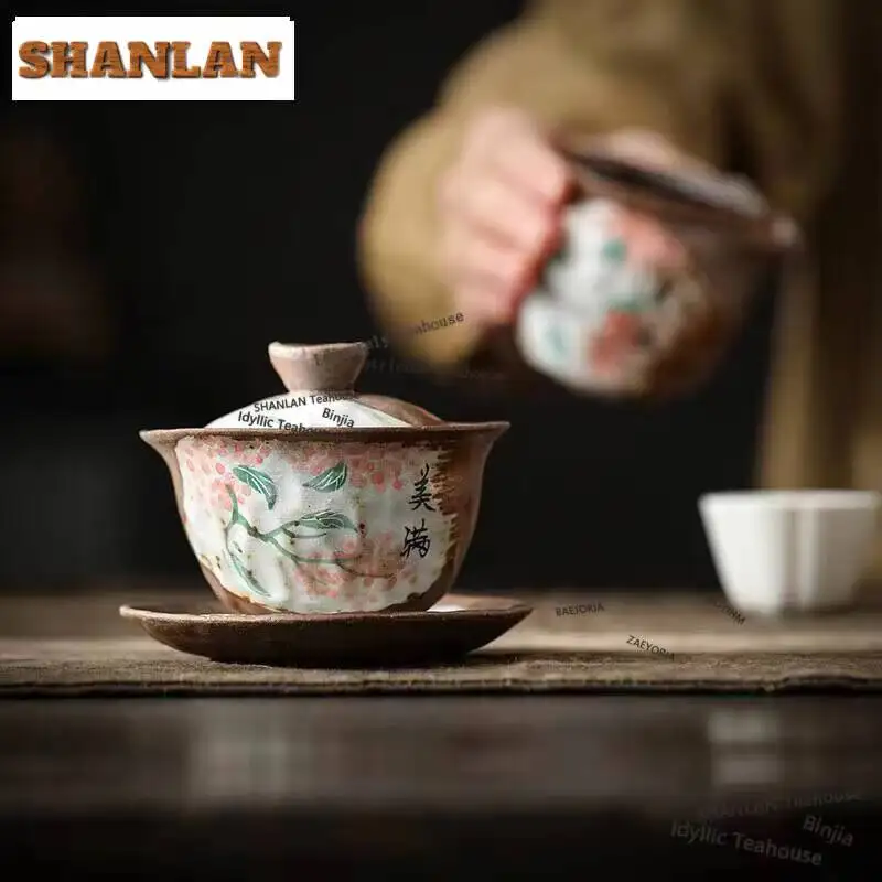 110ml Hand-painted Old Rock Mud Gaiwan Japanese Coarse Pottery Three Talent Tea Tureen Household Tea Maker Cover Bowl Cha Craft