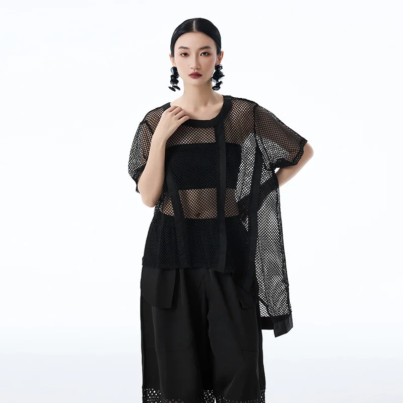

Summer women's personalized T-shirt, niche design irregular perspective hollow mesh shirt, loose and versatile top for women
