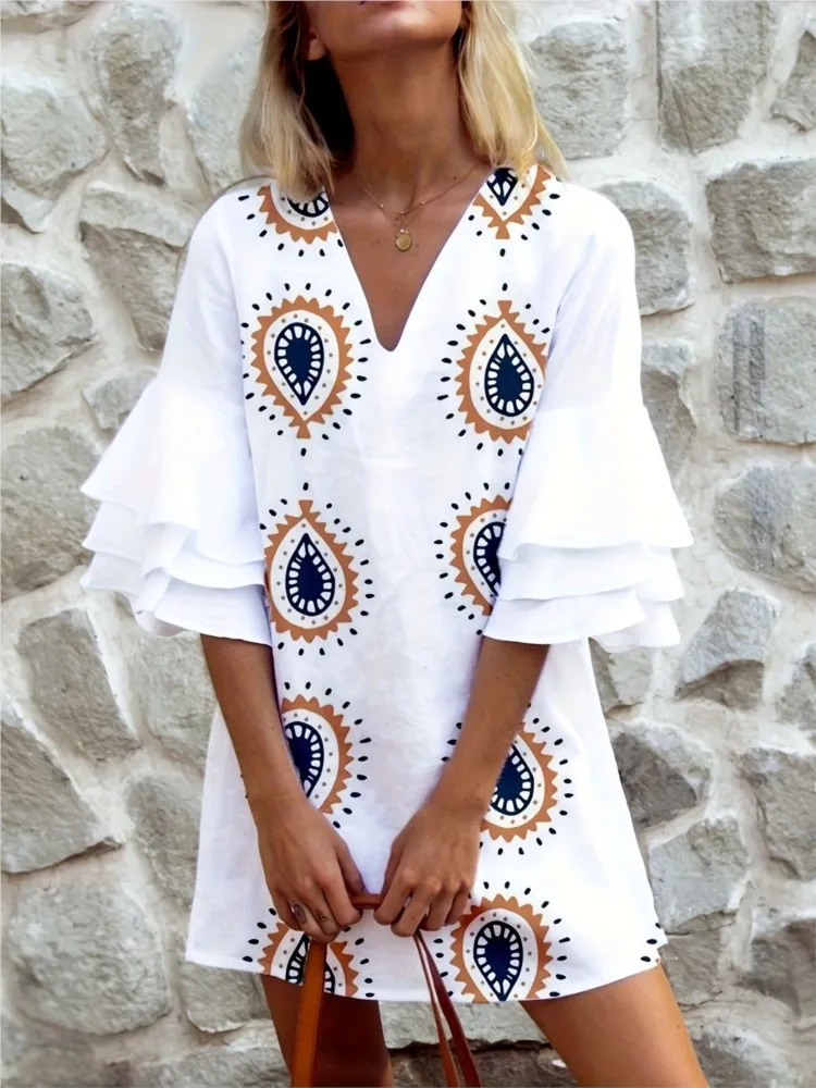 Abito ampio con stampa di moda per donna Casual scollo a V con volant Pullover Mini abiti Lady Boho Gonna da vacanza Abbigliamento da donna Estate