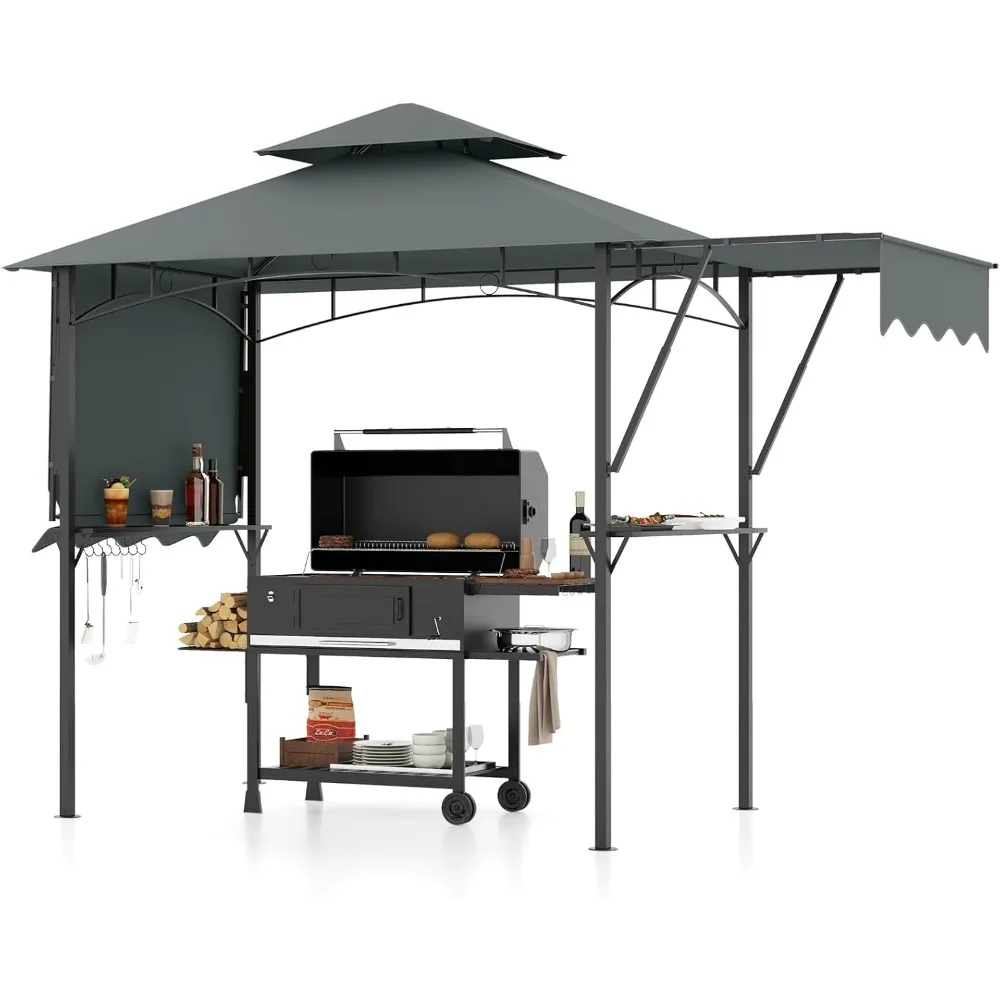 13x5 Ft Grill Gazebo with Dual Side Awnings, 2-Tier Barbecue Gazebo with 2 Shelves, 7 Hooks, Adjustable Shadow, Outdoor Grill C