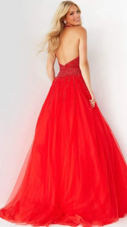 Evening Dresses Luxury Women's Red Halter Beaded Top Tulle Skirt Formal Gowns with Keyhole Back Prom Dresses