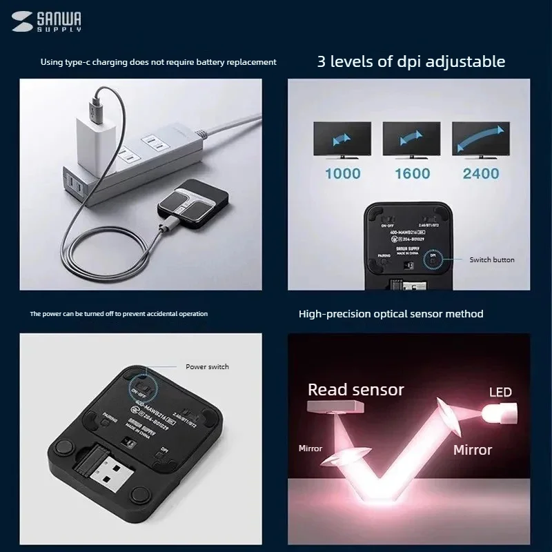 NEW SANWA SUPPLY Wireless Bluetooth Mouse Dual Mode Portable Mini Silent Rechargeable for Laptop PC Tablet Smartphone