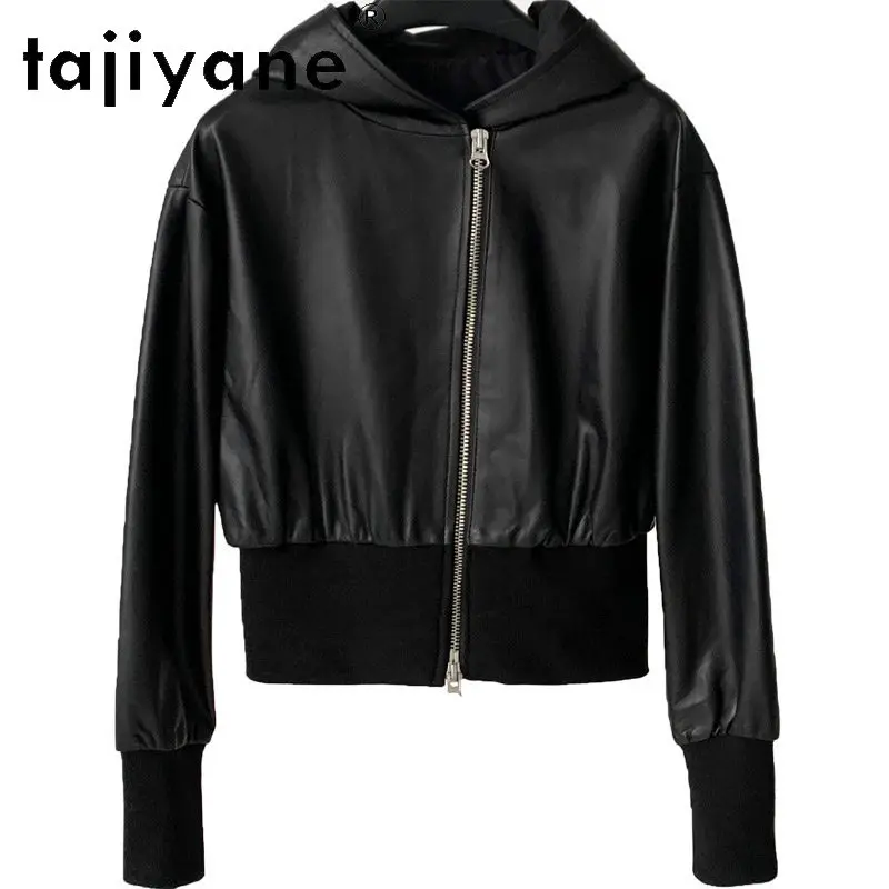 TAJIYANE Genuine Leather Jacket Women Short Knitted Splicing Coats Sheepskin Hooded Motorcycle Jackets for Woman Black Дубленка