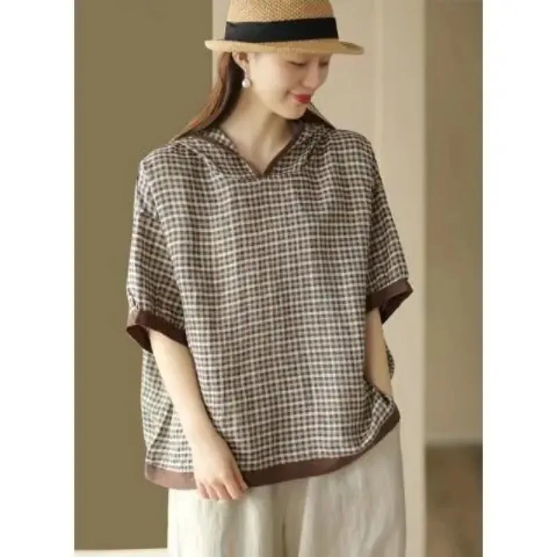 

Women's Vintage Gingham Check Linen Blouse Hooded V Neck Short Sleeve Contrast Trim Casual Top
