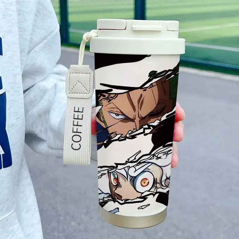 

One Piece Thermos Cup Anime Figure Luffy Zoro 520ML Large Capacity Coffee Cups Outdoor Sports Straw Mug Car Mugs Children'S Gift