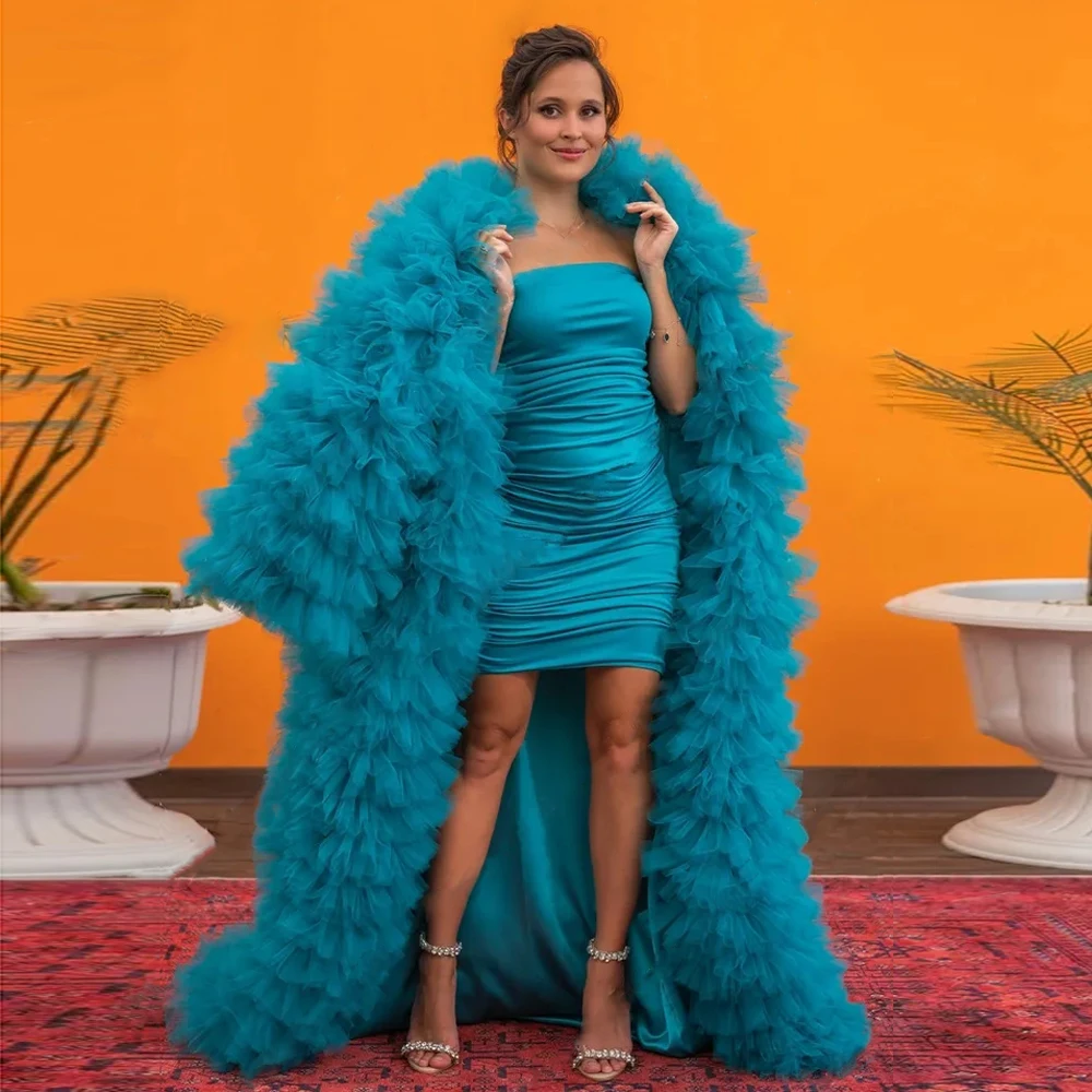 

Stunning Puffy Ruffled Tulle Women Long Coat Teal Blue Jackets Extra Lush Tiered Maternity Kimino Cape Photoshoot Tulle Jacket