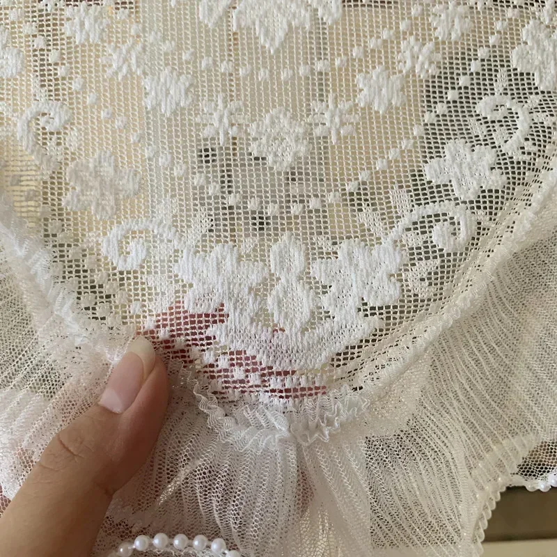 

European Style Window Decor White Valance Self Adhesive Curtain Head Korean Pastoral Double Lace Pearls Short Tulle Curtains