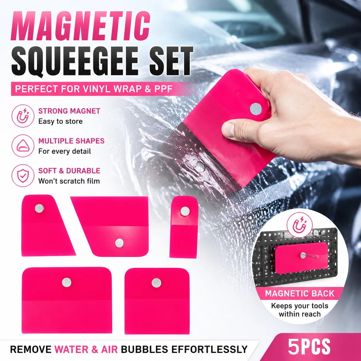 5PCS Magnetic Squeegee Set for Car Vinyl Wrap PPF Installation Soft Film Scraper Tool Remove Water Air Bubbles Window Tint Tool