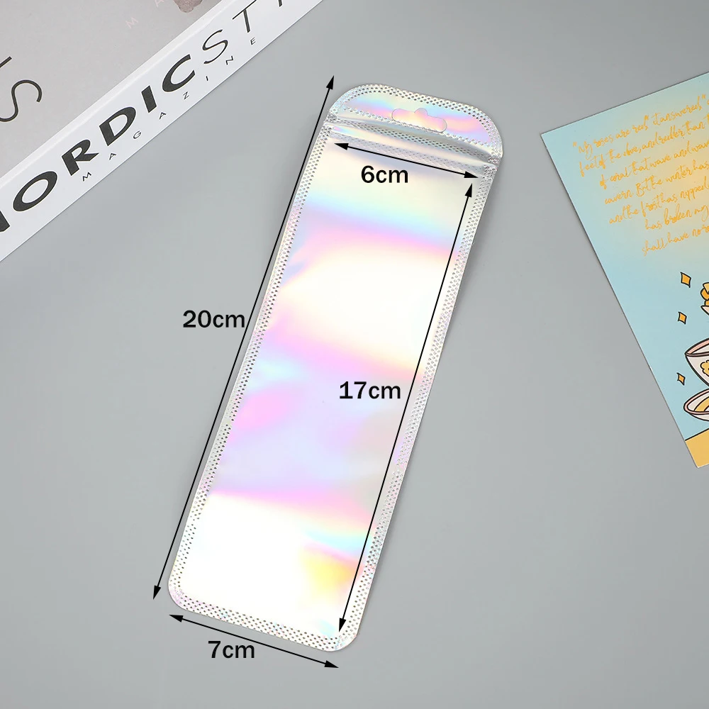 50 stücke Lange Holographische Verpackung Taschen Ziplock Laser Seal Beutel Für Party Nagel Wimpern Bevorzugung Lebensmittel Lagerung Schmuck Display Versorgung