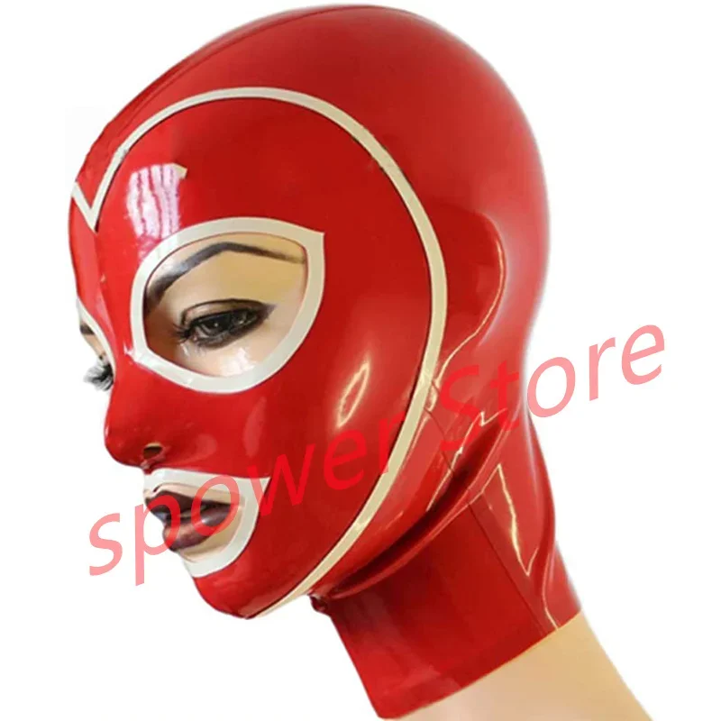 

Natural Latex Full Head Latex Hoods Rubber Mask Fetish Cosplay Mask Red with White Trim Back Zipper Club Wear