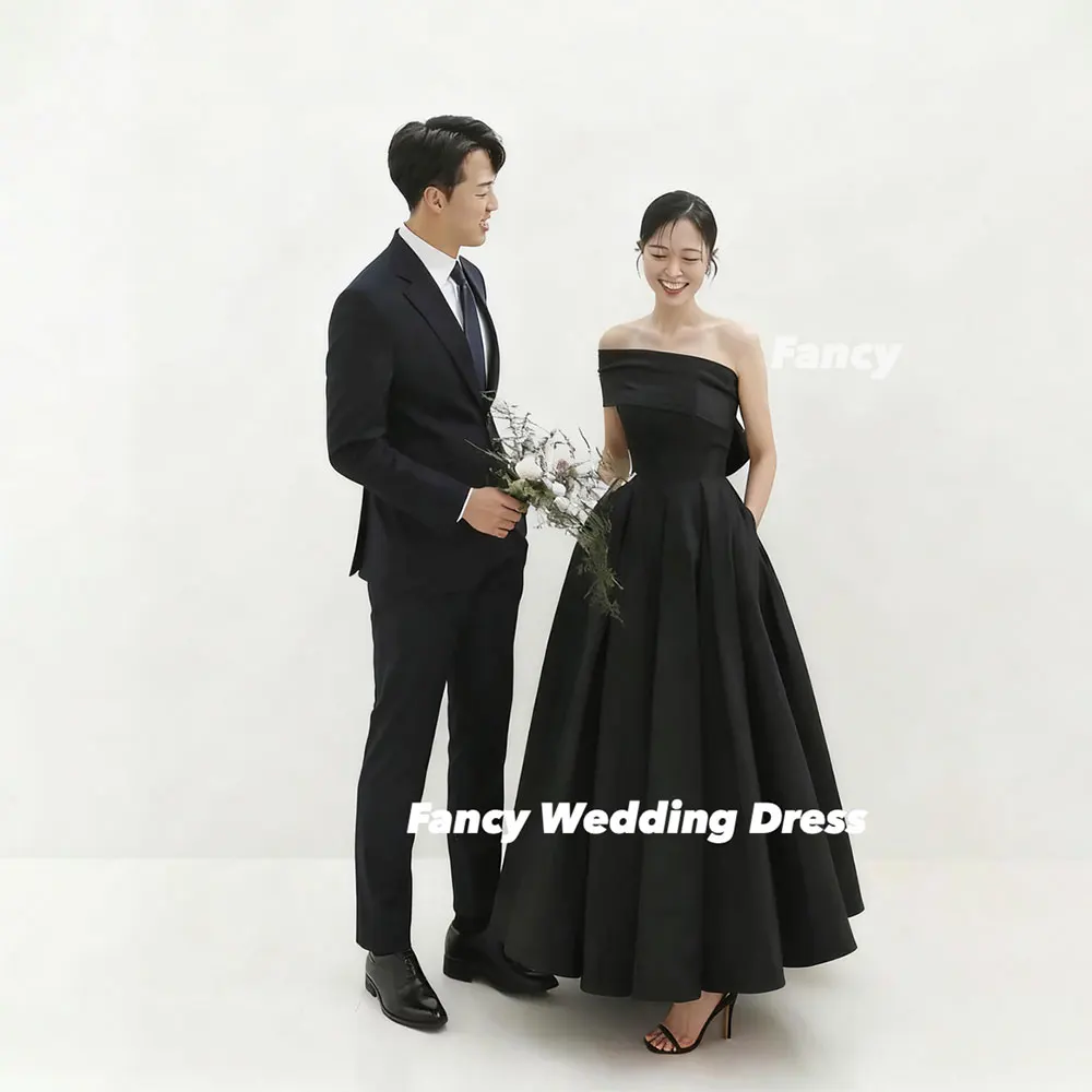 Fancy Elegant Black Taffeta Korea Evening Dresses One Shoulder Photo Shoot Dress Customized Big Bow Backless Formal Party Gown