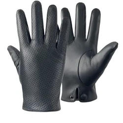 Guantes de piel auténtica para hombre, manoplas finas transpirables, huecas, para conducción, 2023