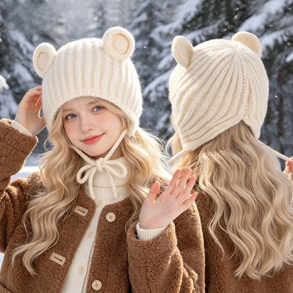 Fashionable Thicken Bear Ear Knitted Hat Cute Ear Solid Color Ear Protection Hat Keep Warm Overhead Cap Winter