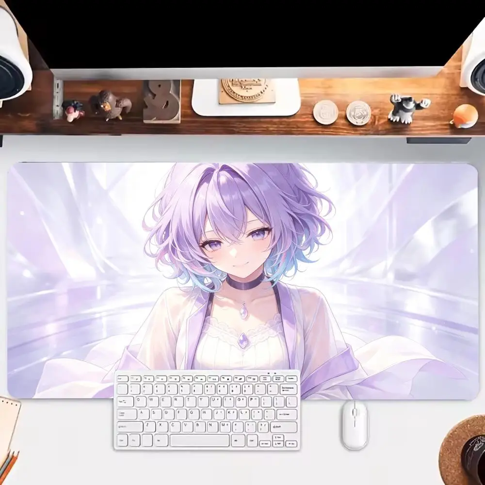 Soft light long gaming mat lavender short hair girl white outfit bright ray background natural rubber anti slip dual use pad