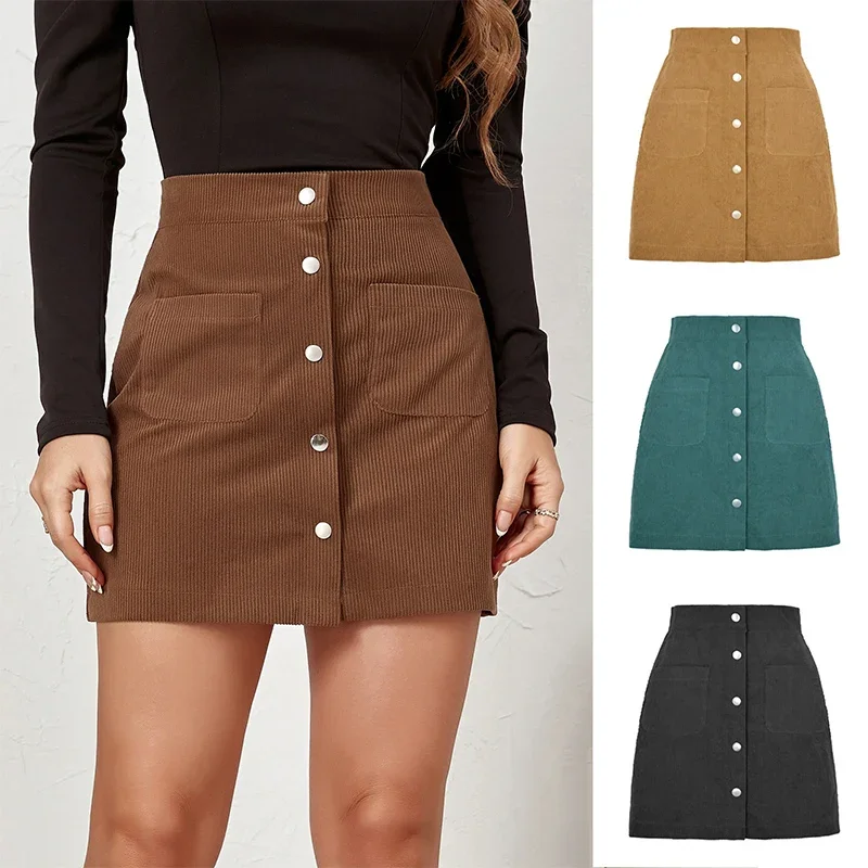 Vintage Corduroy Skirts for Women Slim Fit Single Breasted Skirts Woman Spring Autumn Korean Pockets Solid Color Mini Skirt Lady