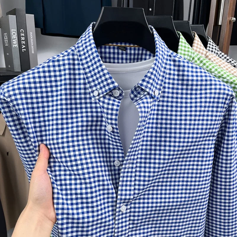 100% Cotton Oxford Shirt, Retro Small Check Pattern, Long Sleeve for Spring and Autumn, Casual Turn-Down Collar Men