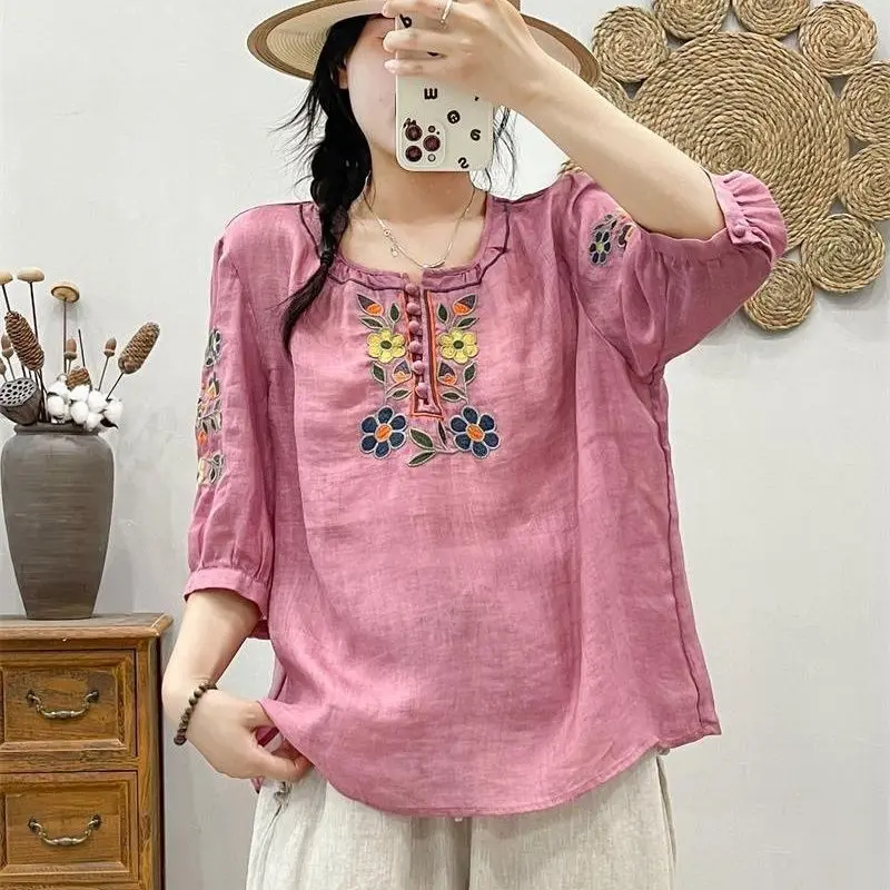 Large Embroidery Ethnic Style 2024 Summer New Style Seven Quarter Sleeve Cotton Linen Retro Artistic Loose T-shirt Versatile Top