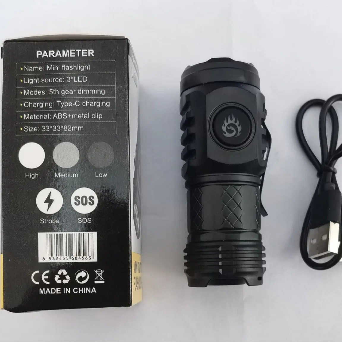 Mini Tactical Torch Super Bright 3 LED Flashlight Type-C Rechargeable Camping Light ABS+Metal Clip Hiking Lamp Easy To Carry